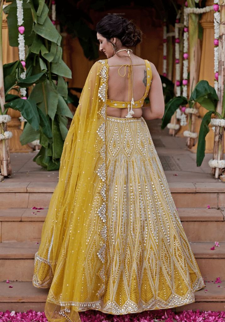 Yellow Mirror and Applique Silk Lehenga Set Chamee and Palak - Fabilicious Fashion