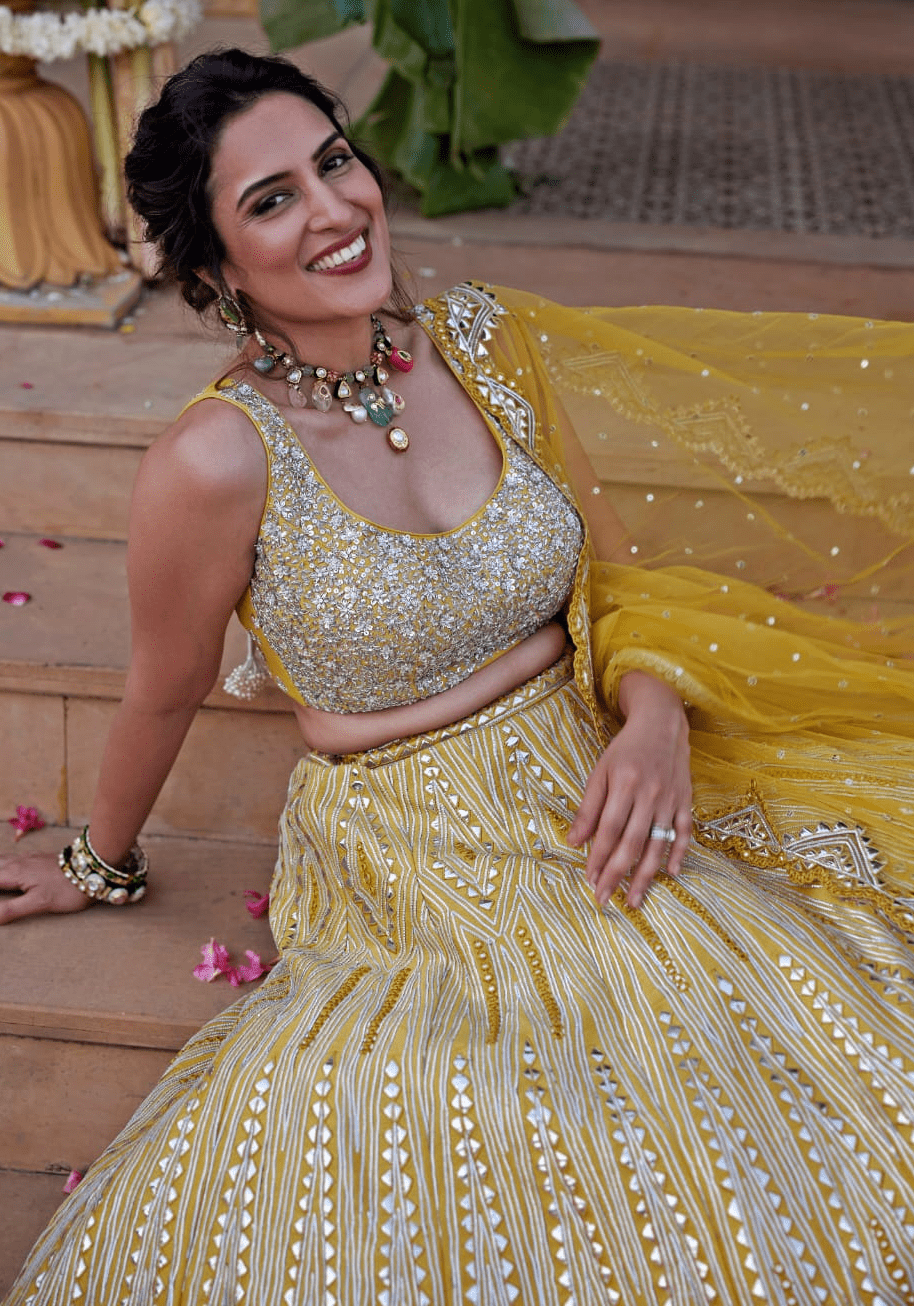 Yellow Mirror and Applique Silk Lehenga Set Chamee and Palak - Fabilicious Fashion
