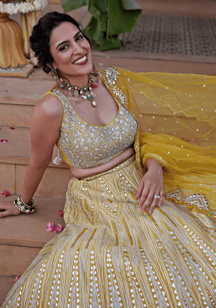 Yellow Mirror and Applique Silk Lehenga Set Chamee and Palak - Fabilicious Fashion