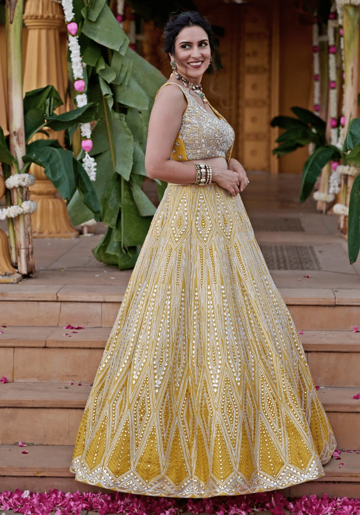 Yellow Mirror and Applique Silk Lehenga Set Chamee and Palak - Fabilicious Fashion