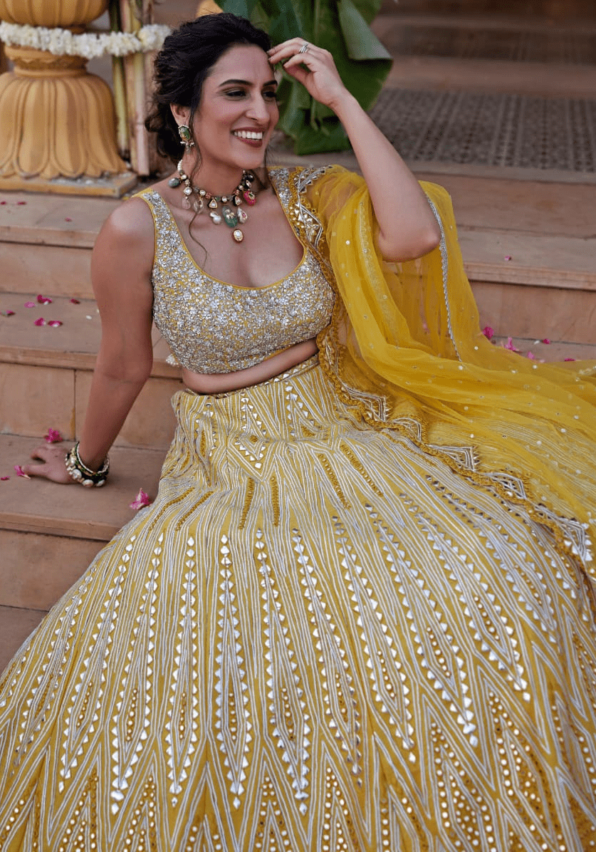 Yellow Mirror and Applique Silk Lehenga Set Chamee and Palak - Fabilicious Fashion