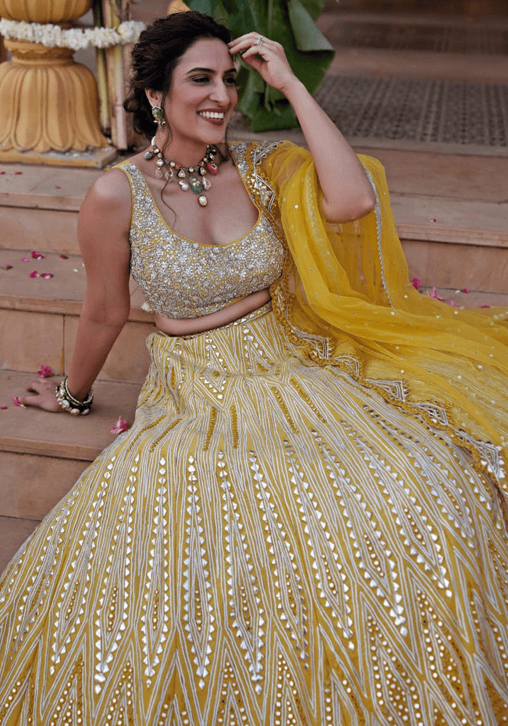 Yellow Mirror and Applique Silk Lehenga Set Chamee and Palak - Fabilicious Fashion