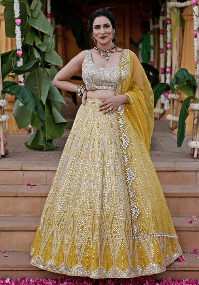 Yellow Mirror and Applique Silk Lehenga Set Chamee and Palak - Fabilicious Fashion
