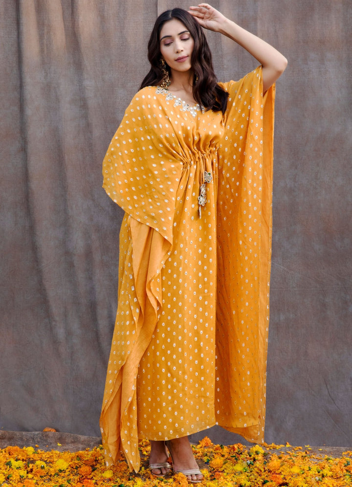 Yellow Mirror work Kaftan Silky Bindra - Fabilicious Fashion