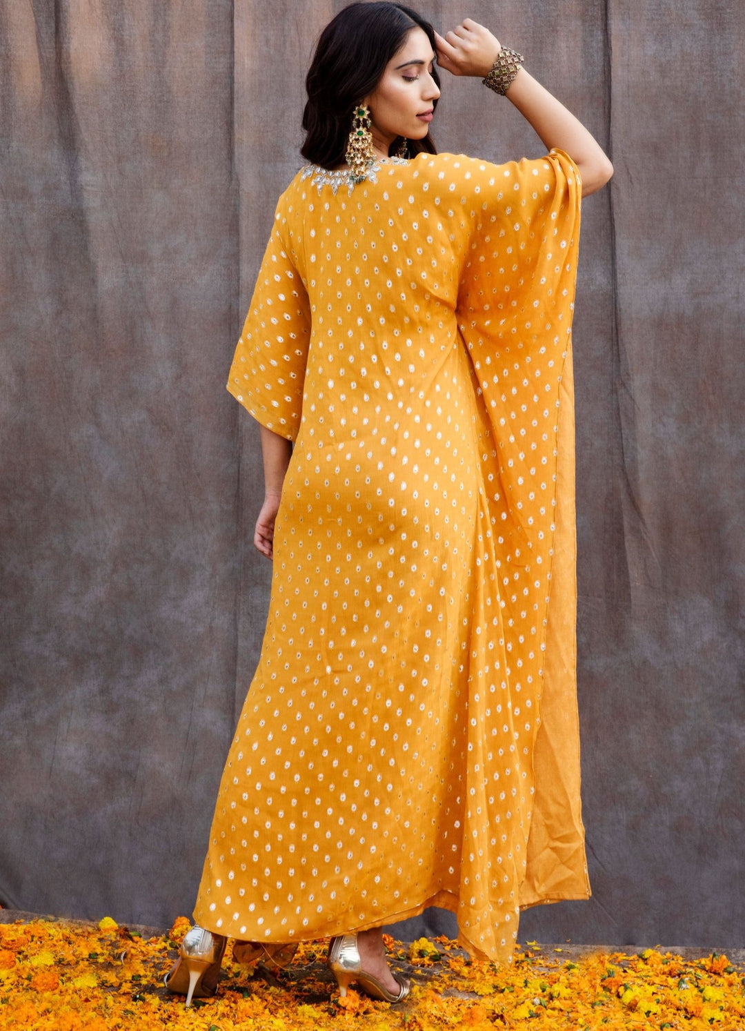 Yellow Mirror work Kaftan Silky Bindra - Fabilicious Fashion