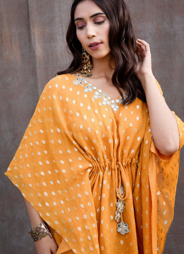 Yellow Mirror work Kaftan Silky Bindra - Fabilicious Fashion
