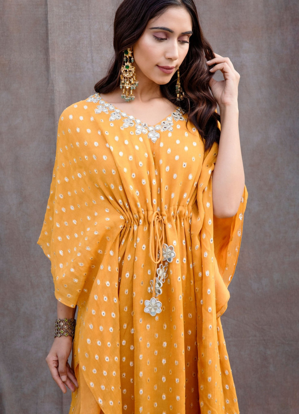 Yellow Mirror work Kaftan Silky Bindra - Fabilicious Fashion