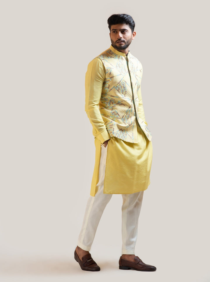 Yellow Mirror Work Nehru Jacket Smriti - Fabilicious Fashion
