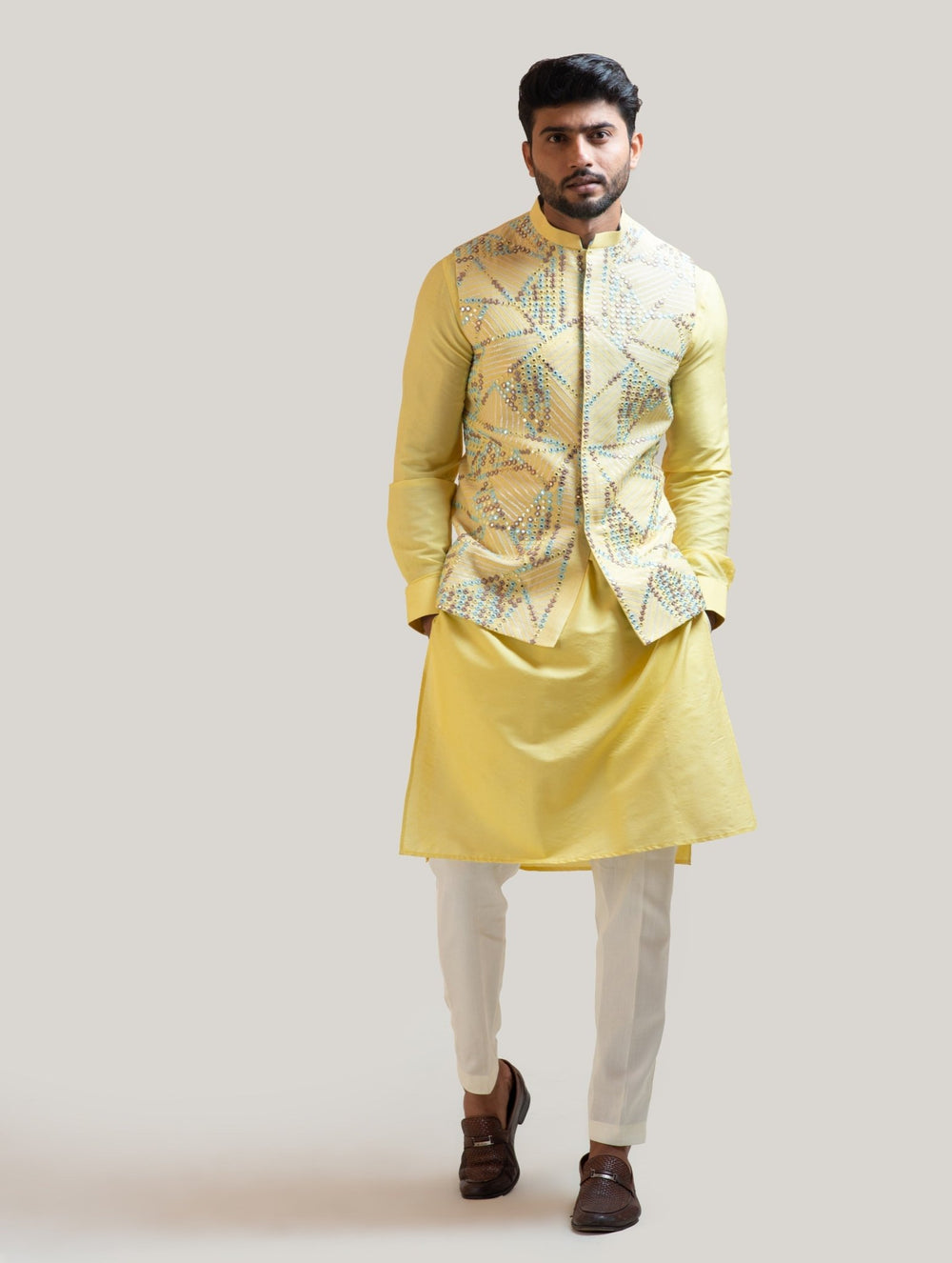 Yellow Mirror Work Nehru Jacket Smriti - Fabilicious Fashion
