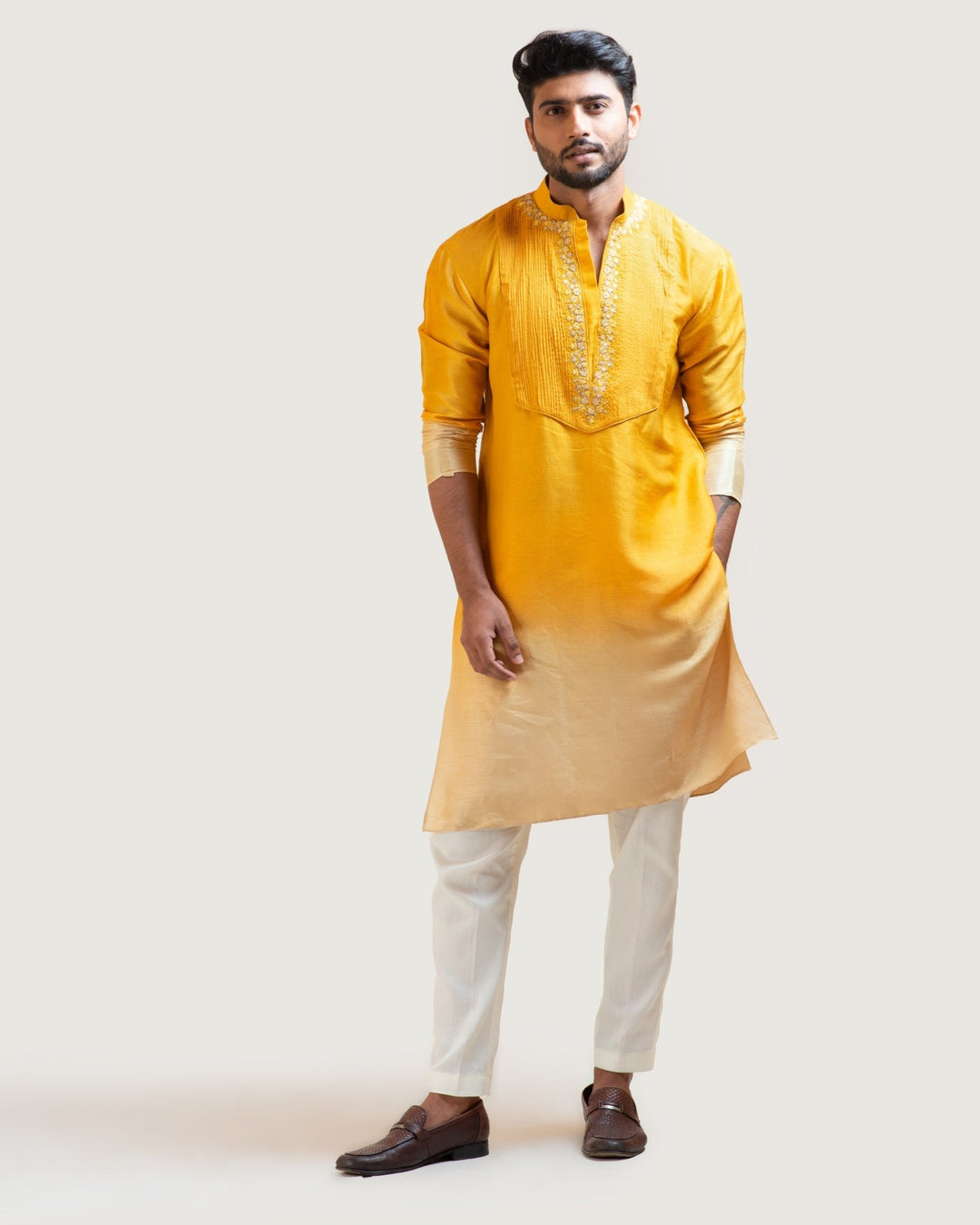 Yellow Ombre Embroidered Kurta Set with Pintucks Yoke Smriti - Fabilicious Fashion