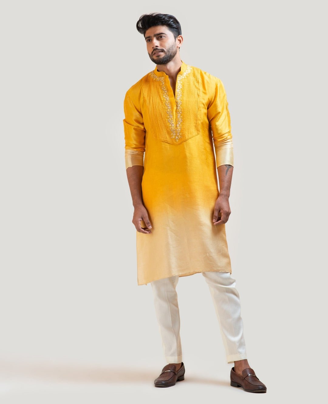 Yellow Ombre Embroidered Kurta Set with Pintucks Yoke Smriti - Fabilicious Fashion