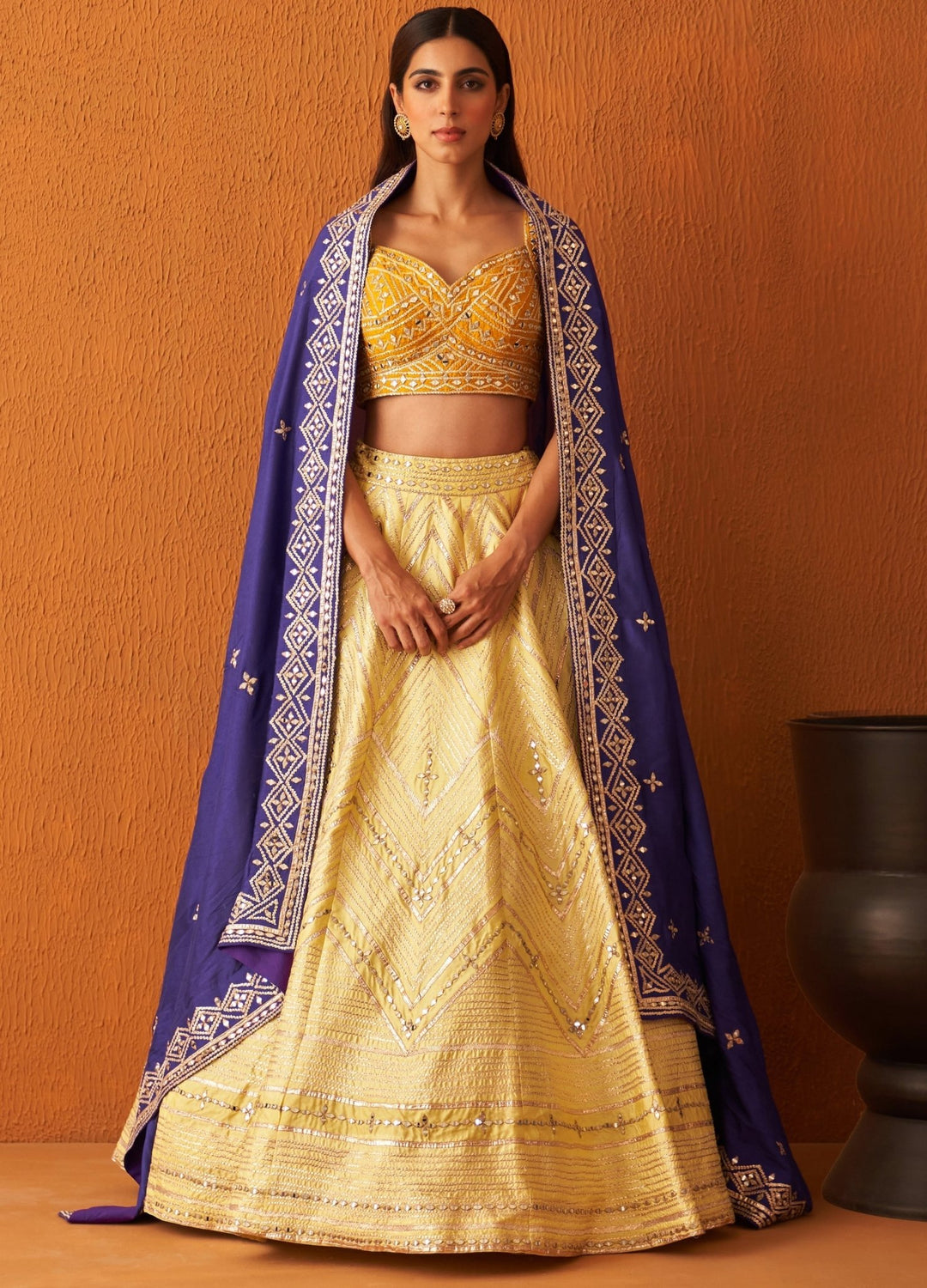 Yellow Raw Silk Lehenga Set With Purple Dupatta Angad Singh - Fabilicious Fashion