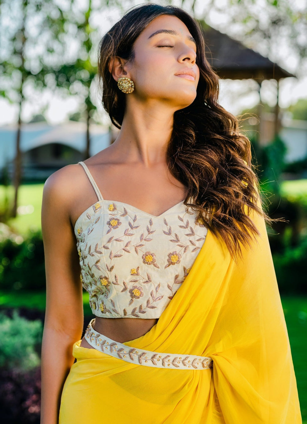 Yellow Ruffled Pre-draped Georgette Saree With Embellished Bustier And Belt Redpine - Fabilicious Fashion