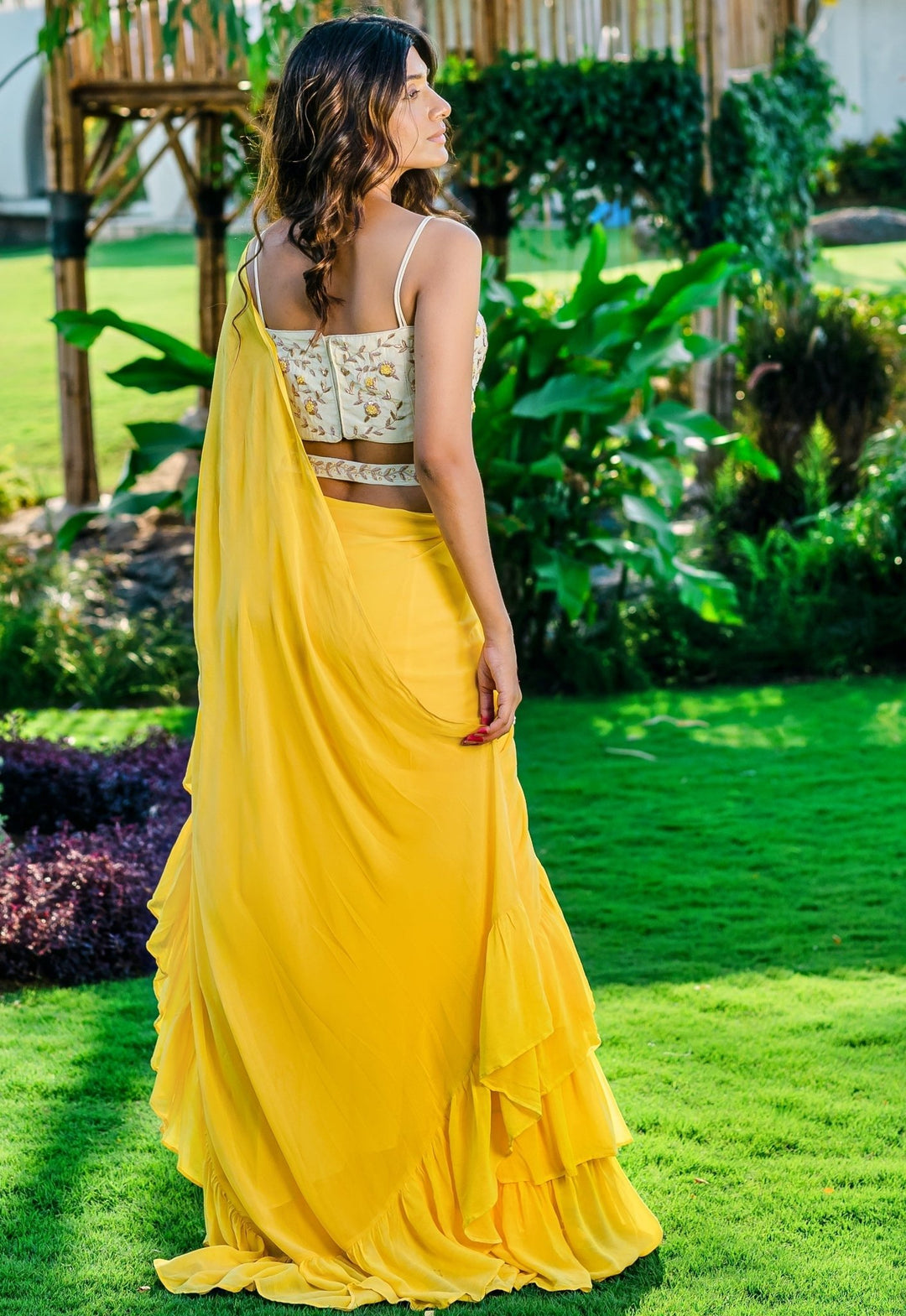 Yellow Ruffled Pre-draped Georgette Saree With Embellished Bustier And Belt Redpine - Fabilicious Fashion