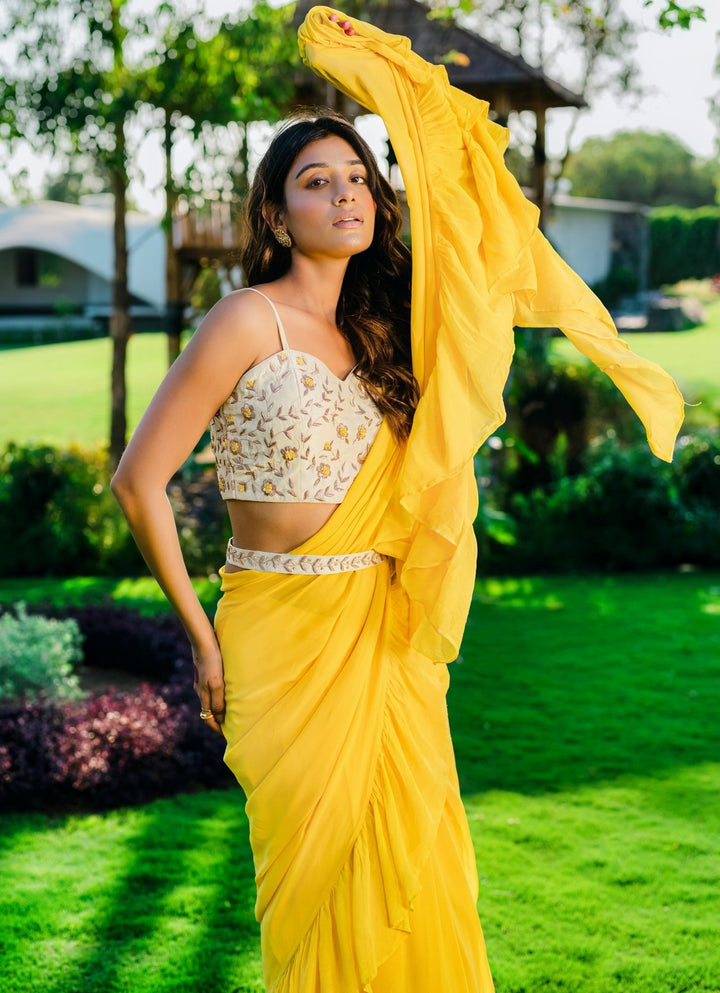 Yellow Ruffled Pre-draped Georgette Saree With Embellished Bustier And Belt Redpine - Fabilicious Fashion