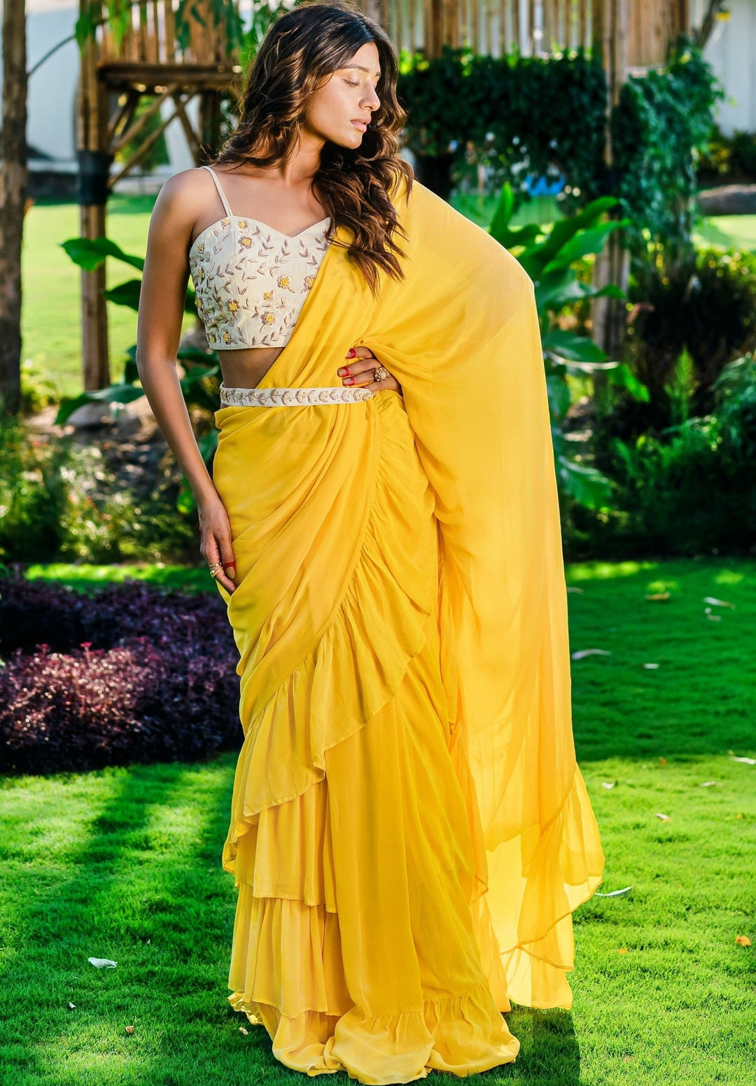 Yellow Ruffled Pre-draped Georgette Saree With Embellished Bustier And Belt Redpine - Fabilicious Fashion