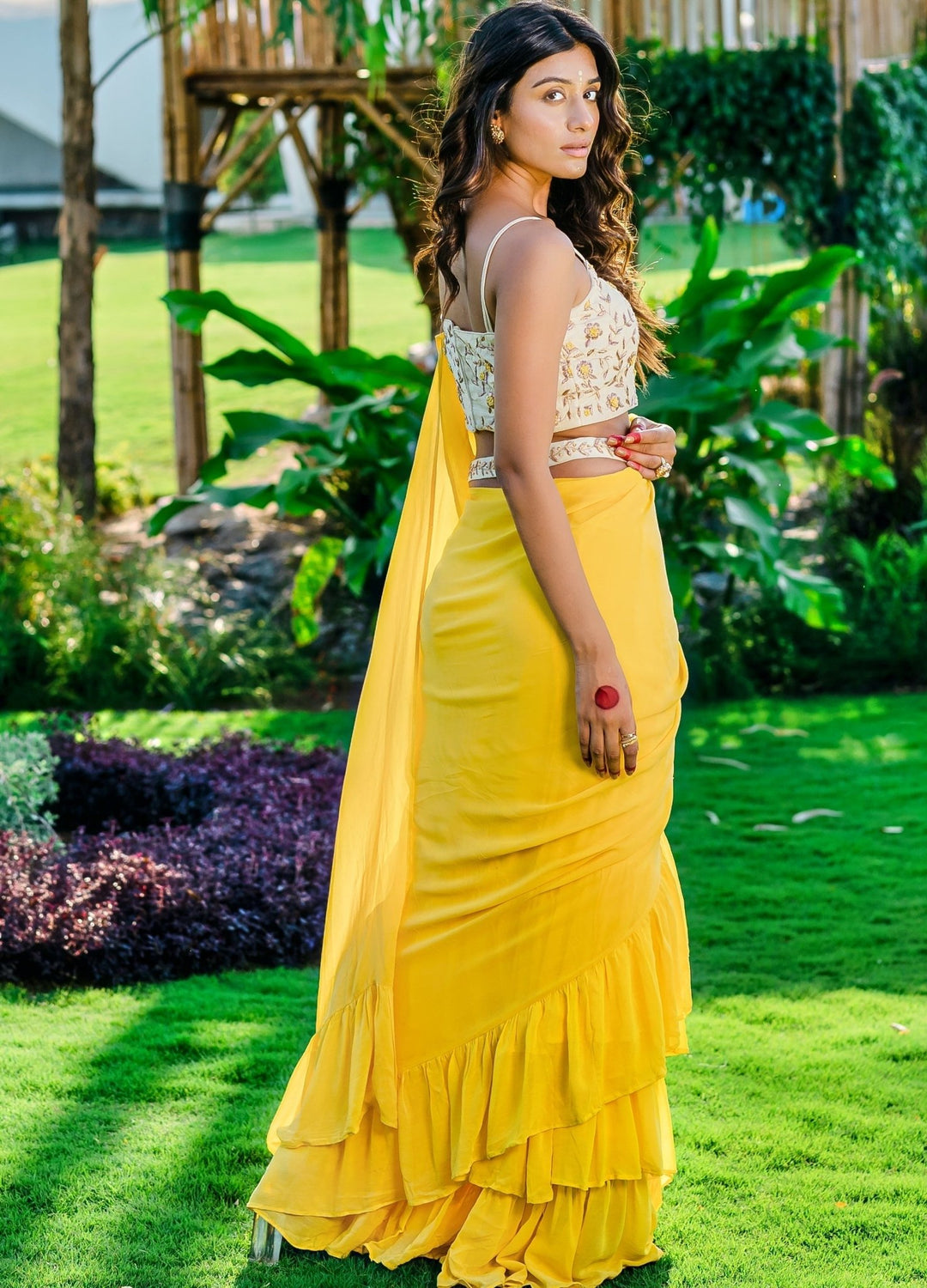 Yellow Ruffled Pre-draped Georgette Saree With Embellished Bustier And Belt Redpine - Fabilicious Fashion