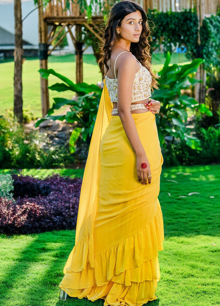 Yellow Ruffled Pre-draped Georgette Saree With Embellished Bustier And Belt Redpine - Fabilicious Fashion