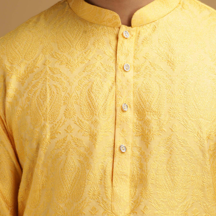 Yellow Self Design Silk Kurta Set Chatenya Mittal - Fabilicious Fashion