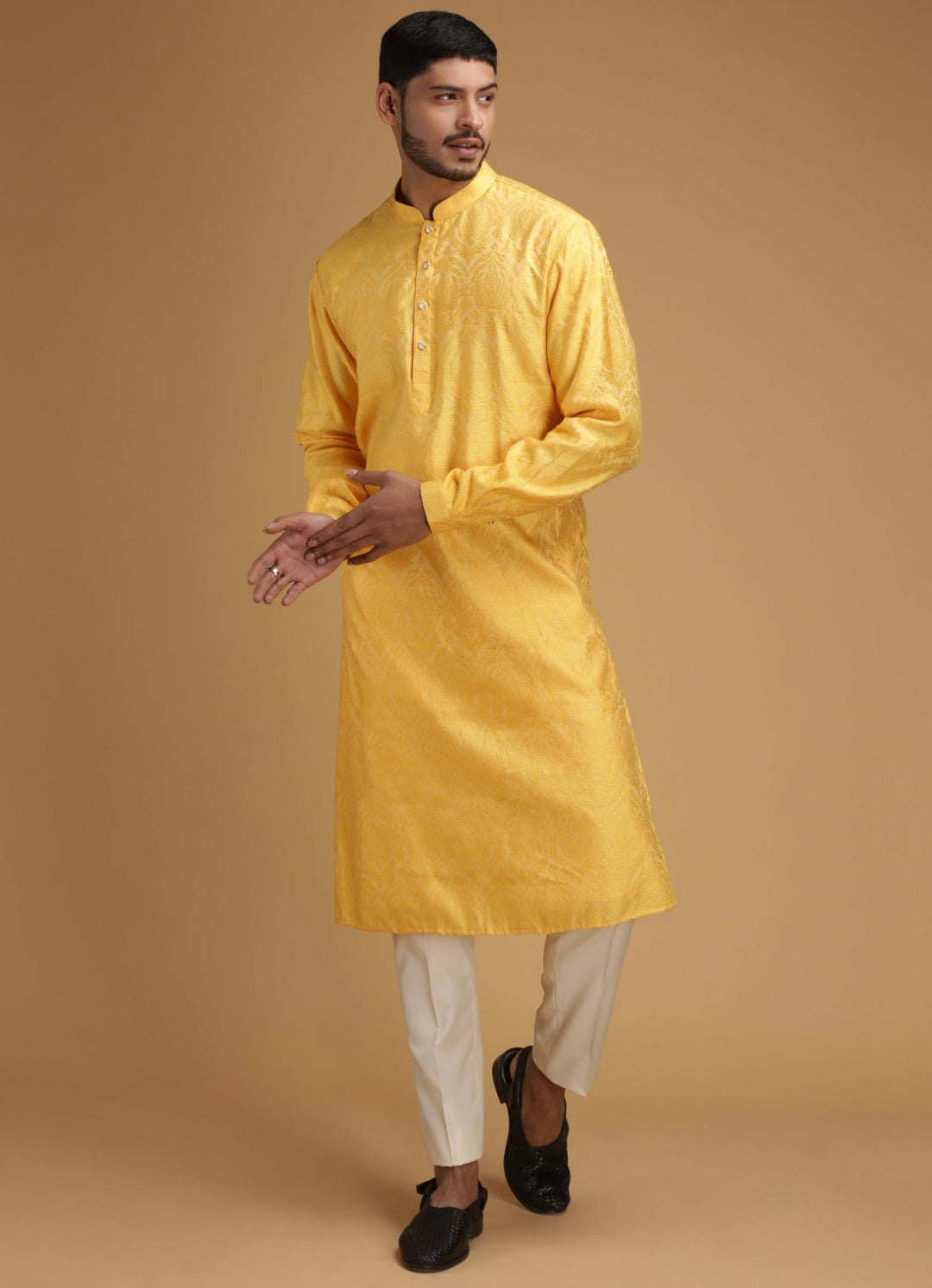 Yellow Self Design Silk Kurta Set Chatenya Mittal - Fabilicious Fashion