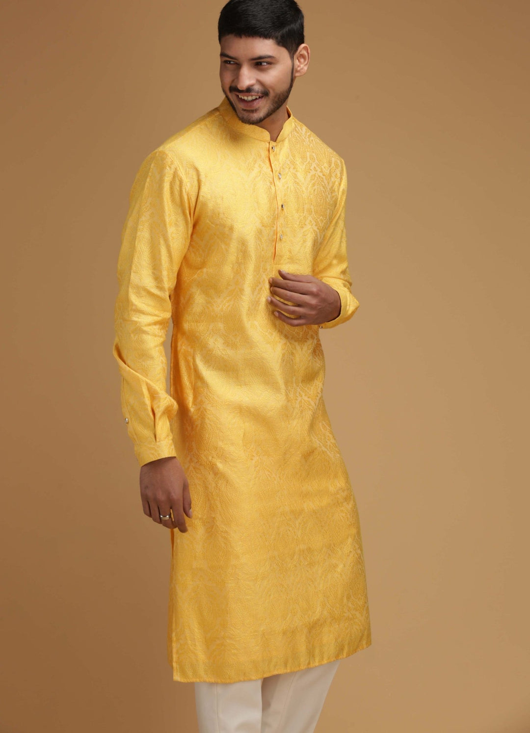 Yellow Self Design Silk Kurta Set Chatenya Mittal - Fabilicious Fashion