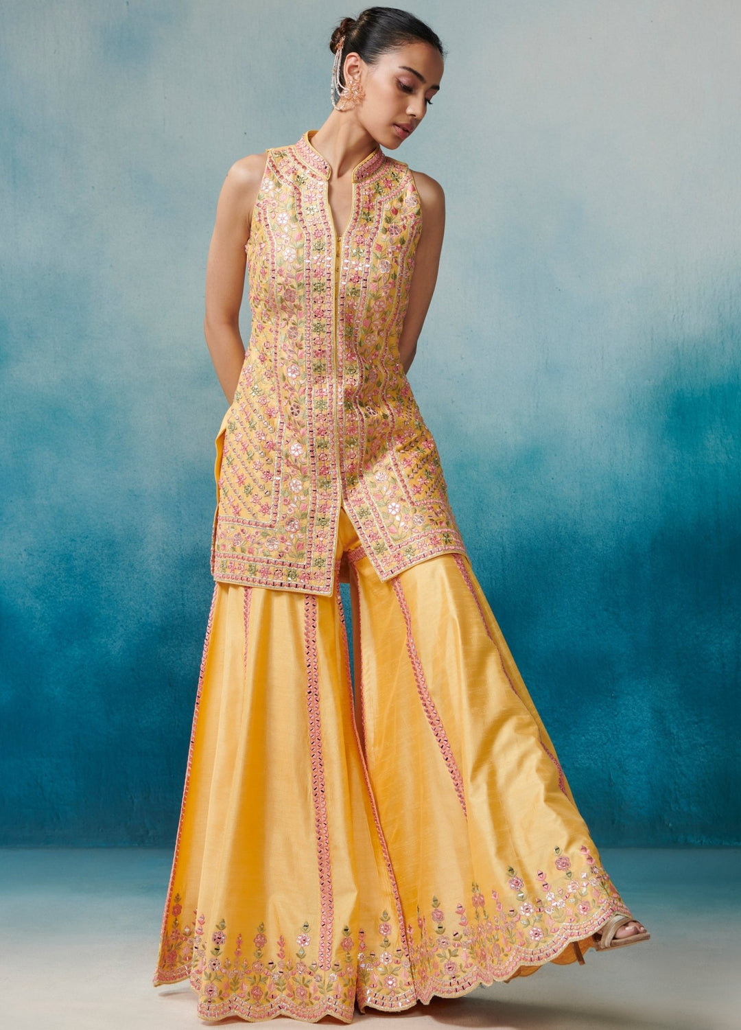 Yellow Silk Front Open Kurta Set Suhino - Fabilicious Fashion