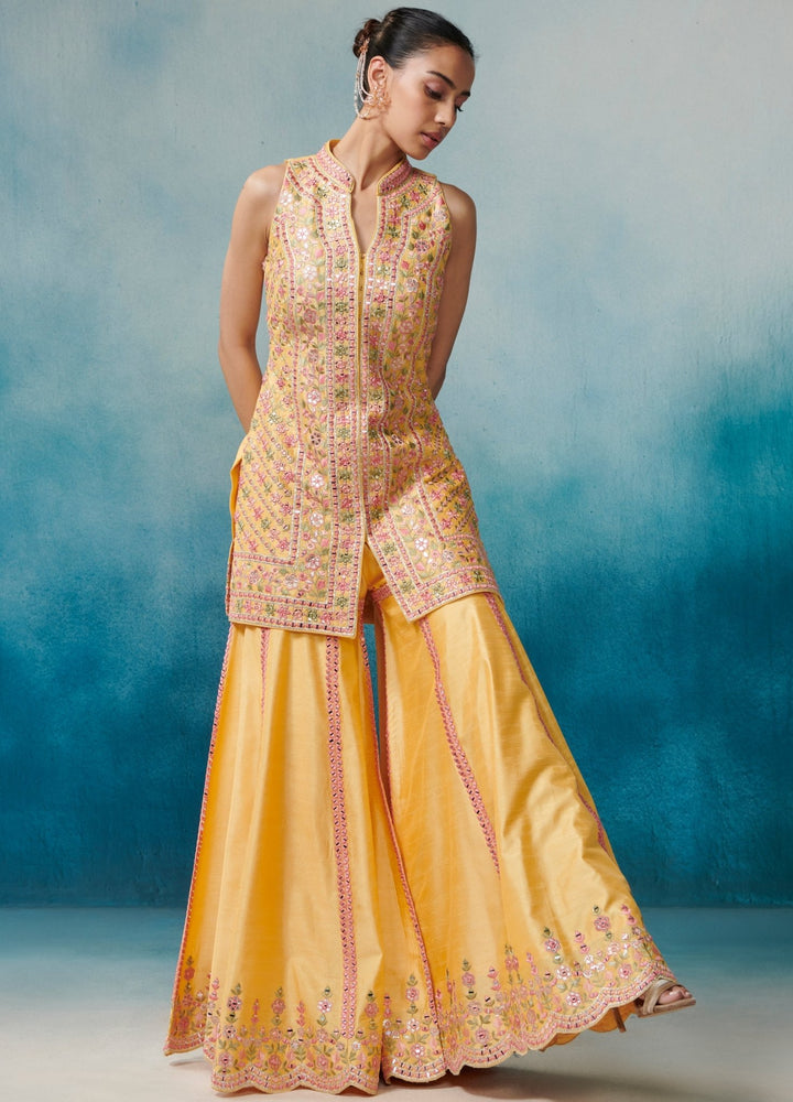Yellow Silk Front Open Kurta Set Suhino - Fabilicious Fashion