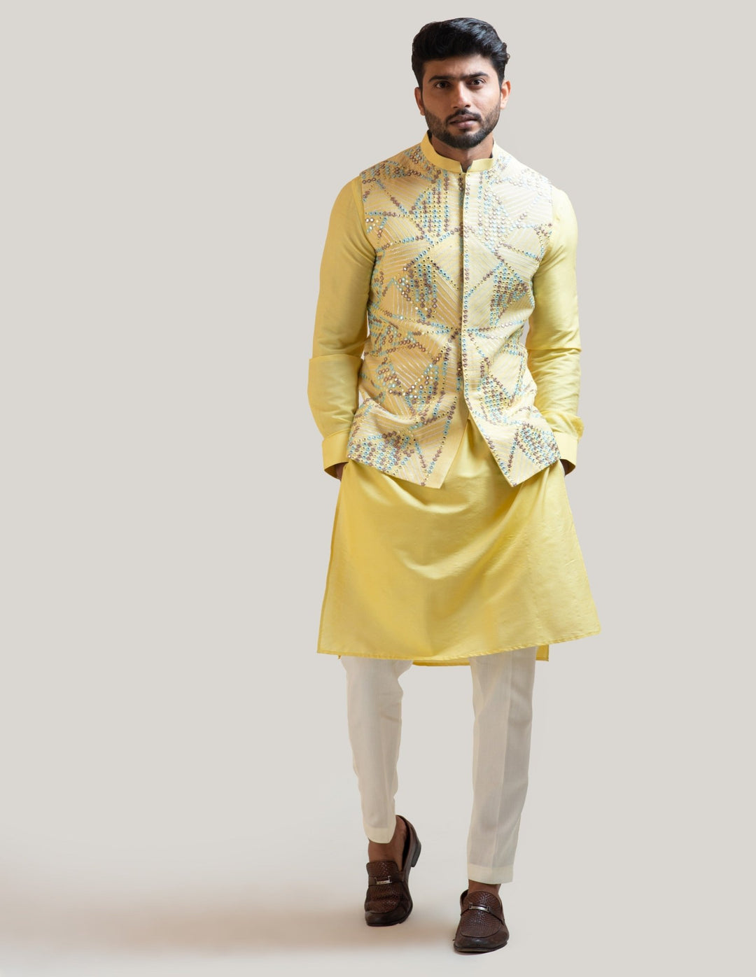 Yellow Silk Kurta Set with a Mirror work Nehru Smriti - Fabilicious Fashion