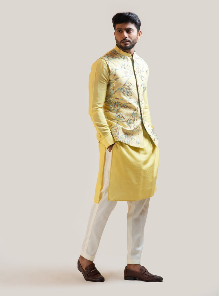 Yellow Silk Kurta Set with a Mirror work Nehru Smriti - Fabilicious Fashion