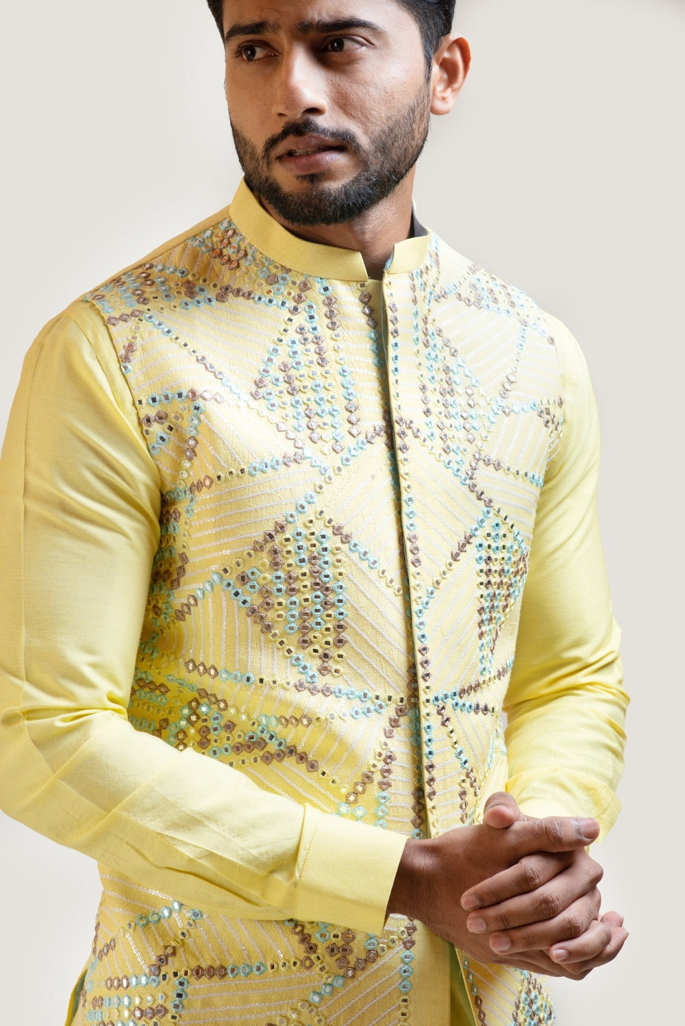 Yellow Silk Kurta Set with a Mirror work Nehru Smriti - Fabilicious Fashion