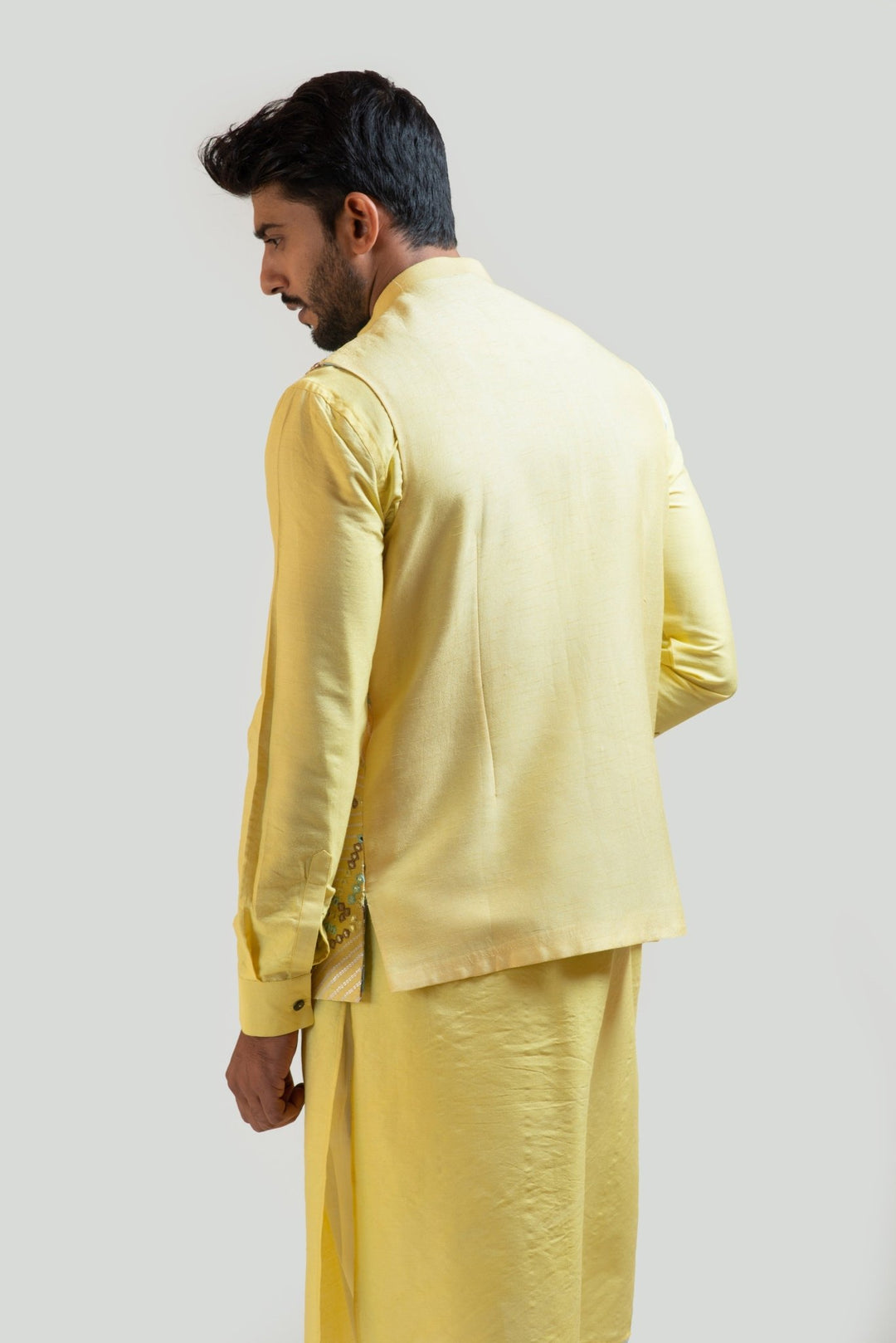 Yellow Silk Kurta Set with a Mirror work Nehru Smriti Fabilicious Fashion