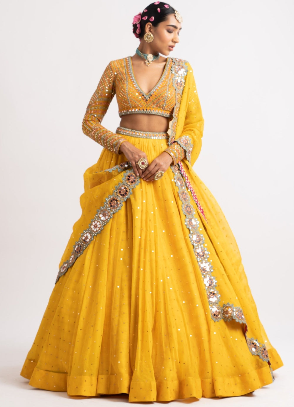 Yellow Silk Organza Lehenga Set Vvani by Vani Vats - Fabilicious Fashion