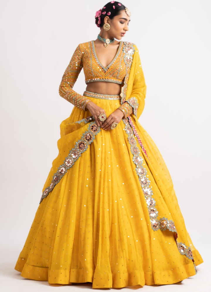 Yellow Silk Organza Lehenga Set Vvani by Vani Vats - Fabilicious Fashion