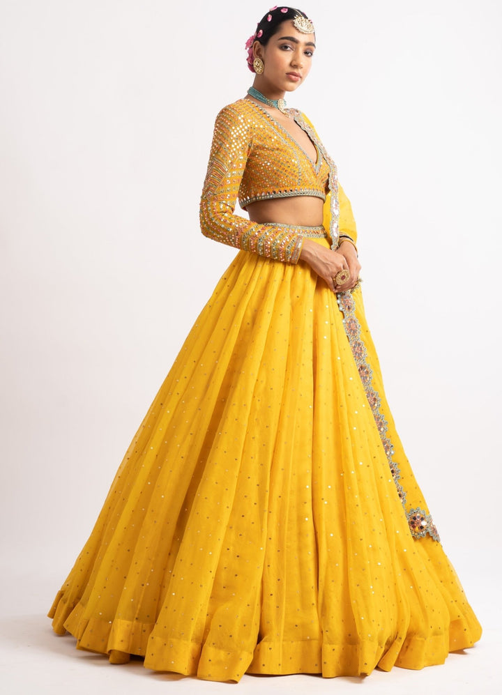 Yellow Silk Organza Lehenga Set Vvani by Vani Vats - Fabilicious Fashion