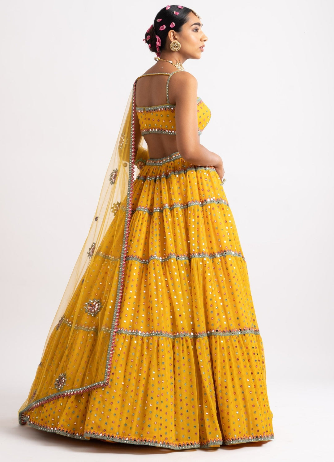 Yellow Strappy Blouse and Tiered Lehenga Set Vvani by Vani Vats - Fabilicious Fashion