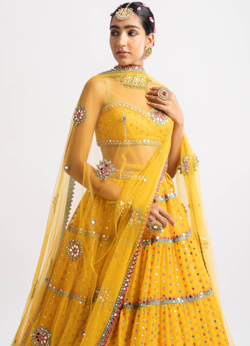 Yellow Strappy Blouse and Tiered Lehenga Set Vvani by Vani Vats - Fabilicious Fashion