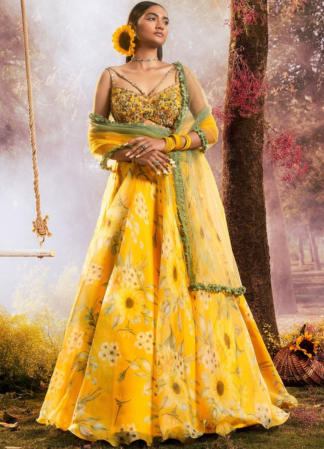 Yellow Sunflower Printed Organza Embroidered Lehenga Set Nitika Gujral - Fabilicious Fashion