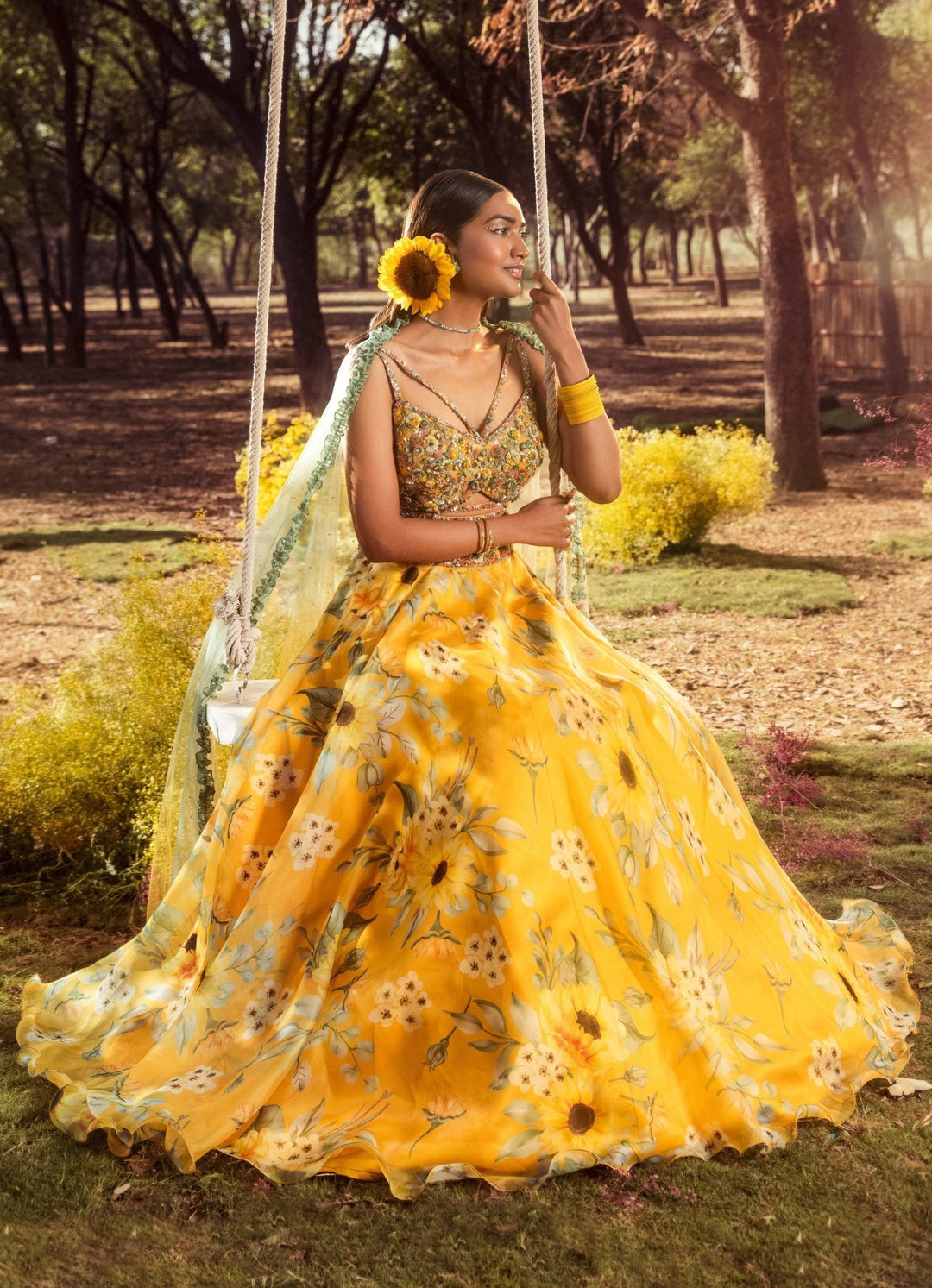 Yellow Sunflower Printed Organza Embroidered Lehenga Set Nitika Gujral - Fabilicious Fashion