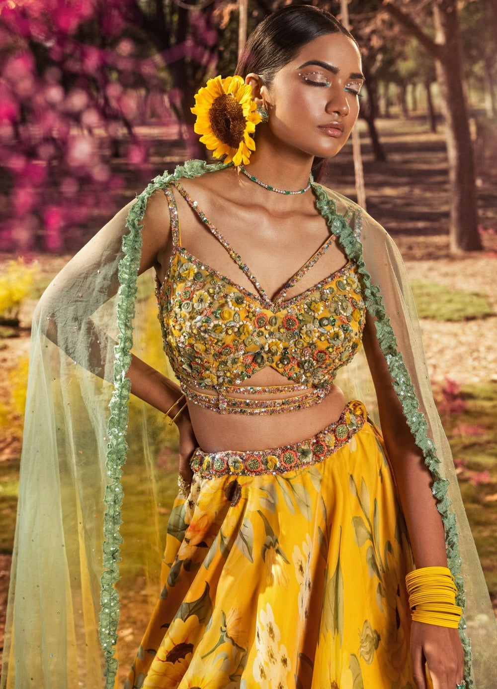 Yellow Sunflower Printed Organza Embroidered Lehenga Set Nitika Gujral - Fabilicious Fashion