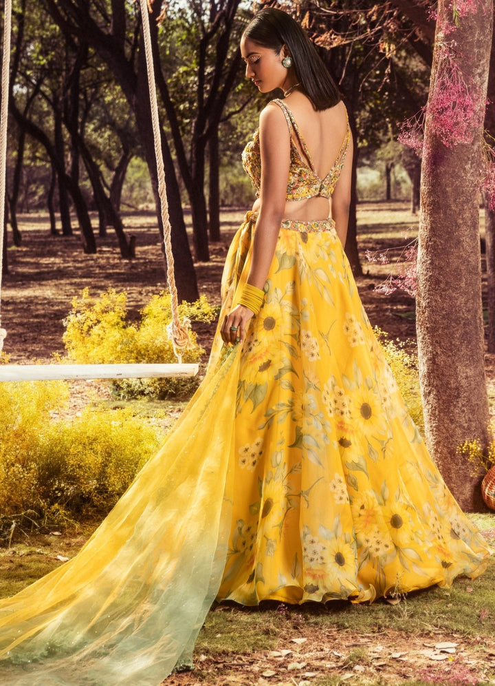 Yellow Sunflower Printed Organza Embroidered Lehenga Set Nitika Gujral - Fabilicious Fashion