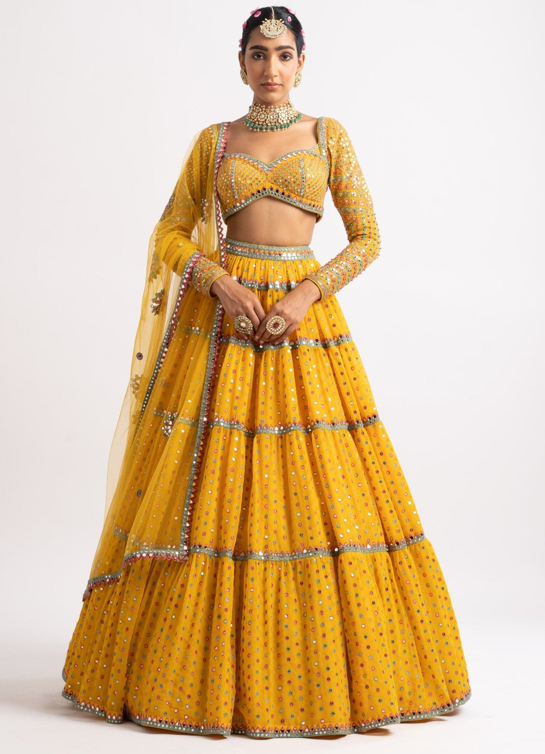 Yellow Sweetheart Neck Multicolour Lehenga Set Vvani by Vani Vats - Fabilicious Fashion