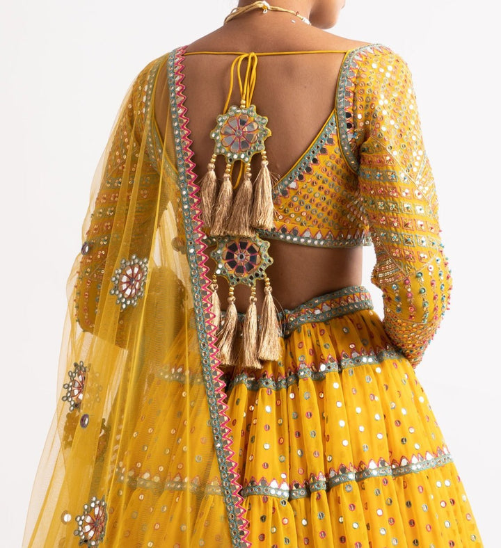 Yellow Sweetheart Neck Multicolour Lehenga Set Vvani by Vani Vats - Fabilicious Fashion