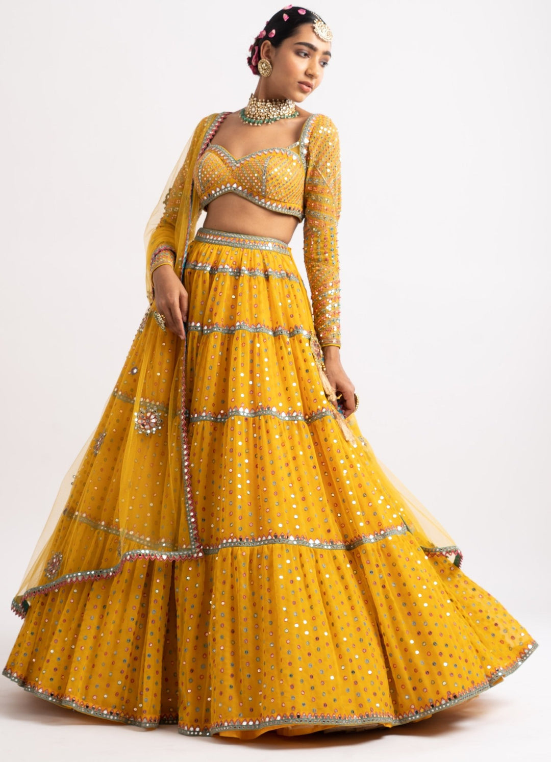 Yellow Sweetheart Neck Multicolour Lehenga Set Vvani by Vani Vats - Fabilicious Fashion