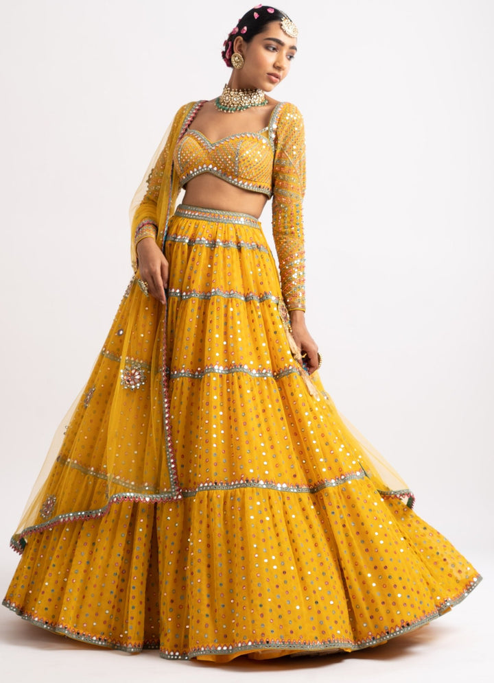 Yellow Sweetheart Neck Multicolour Lehenga Set Vvani by Vani Vats - Fabilicious Fashion
