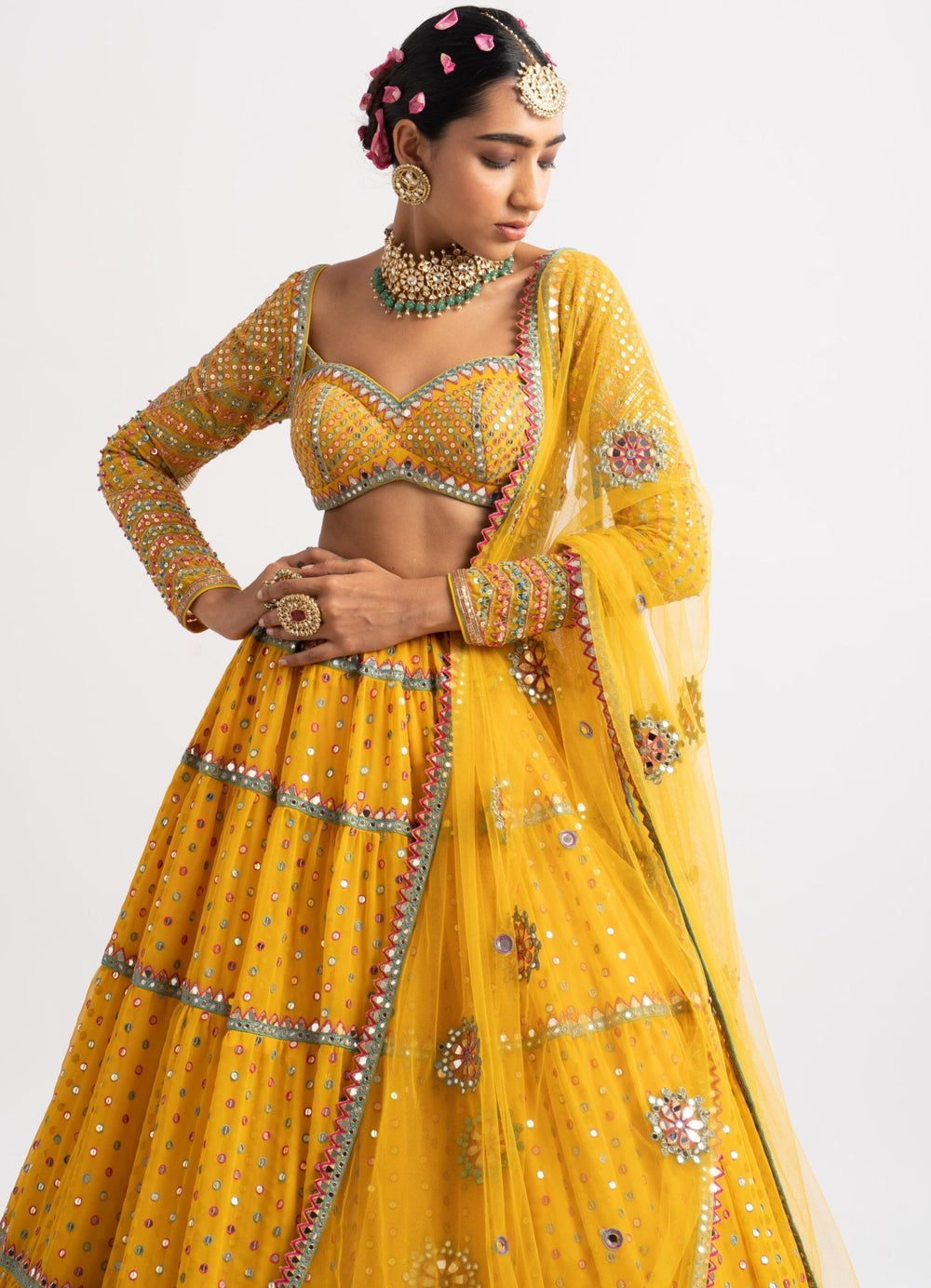 Yellow Sweetheart Neck Multicolour Lehenga Set Vvani by Vani Vats - Fabilicious Fashion