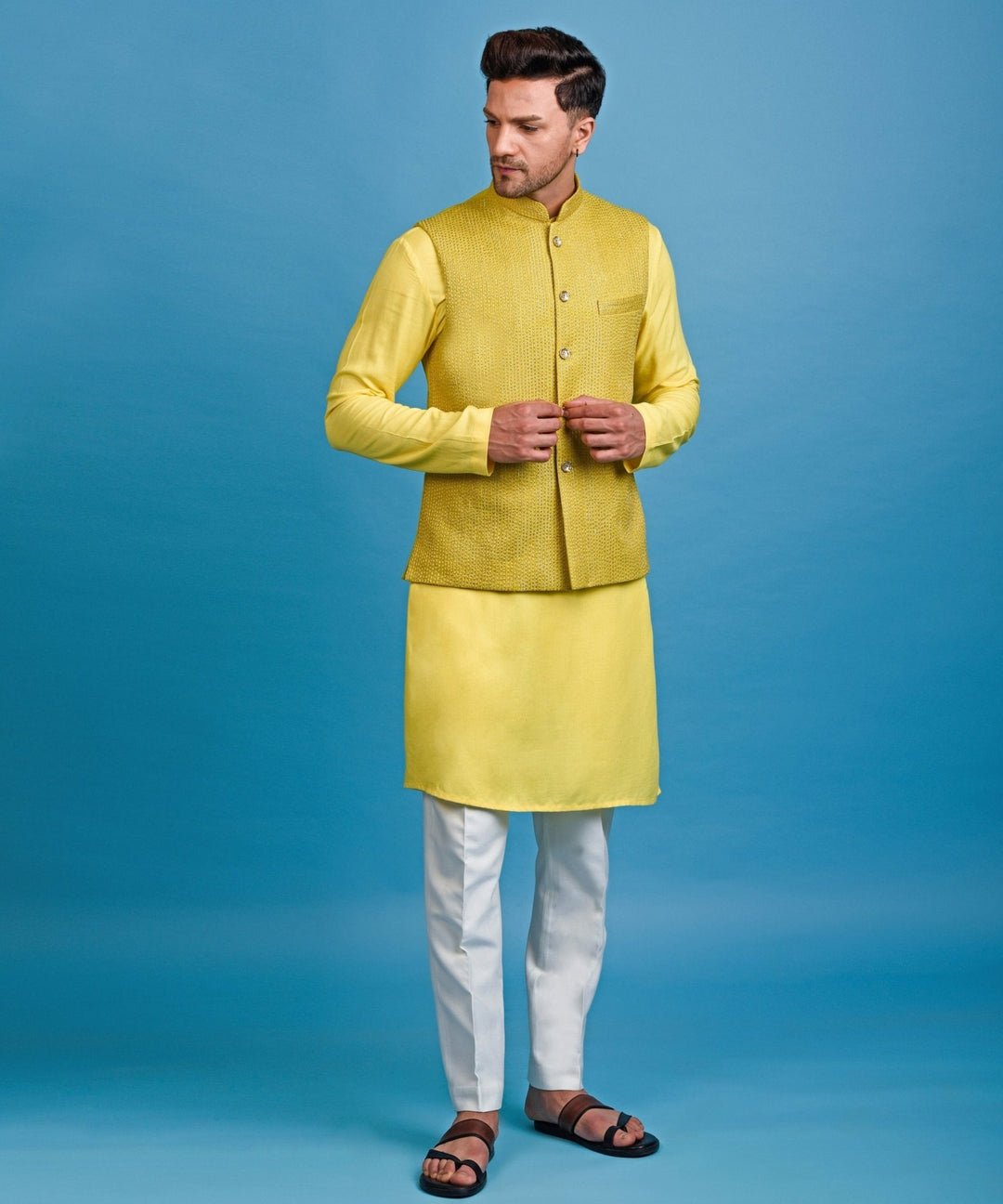 Yellow Thread And Gota Embellished Nehru With Kurta Set Chatenya Mittal - Fabilicious Fashion