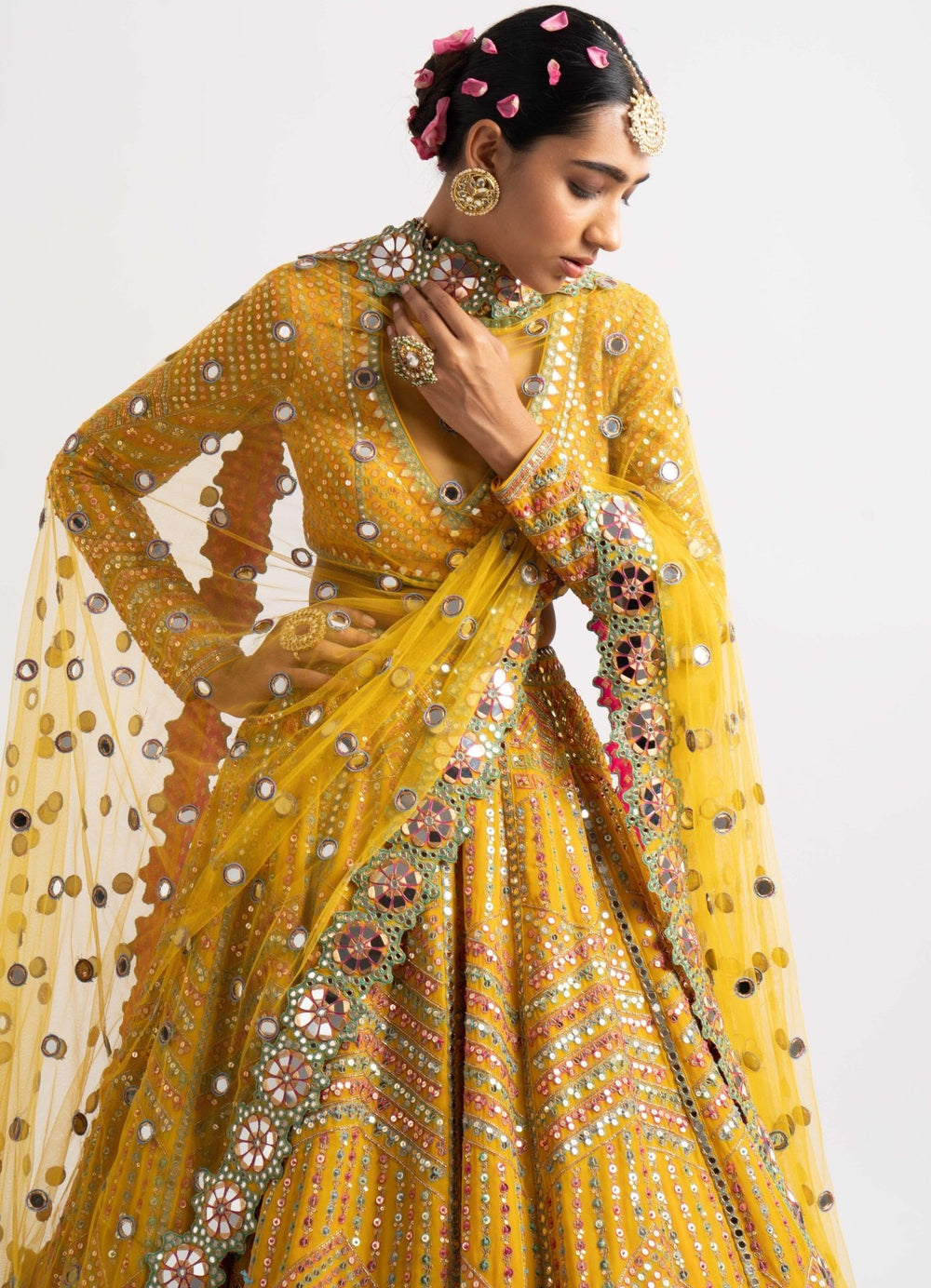 Yellow V Neck Heavy Multi Color Lehenga Set Vvani by Vani Vats - Fabilicious Fashion