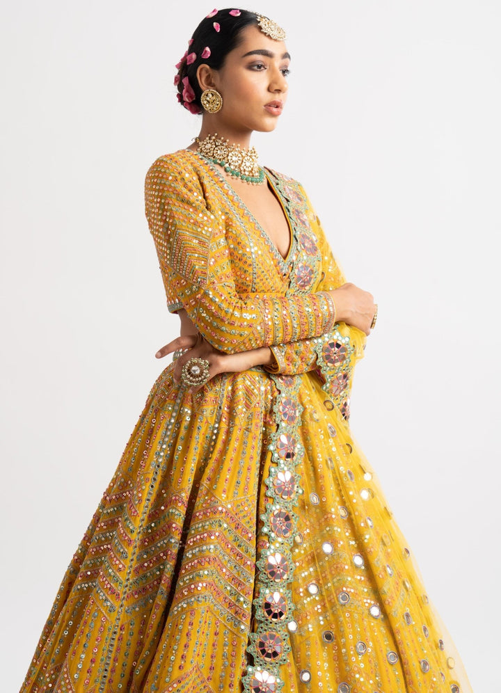 Yellow V Neck Heavy Multi Color Lehenga Set Vvani by Vani Vats - Fabilicious Fashion