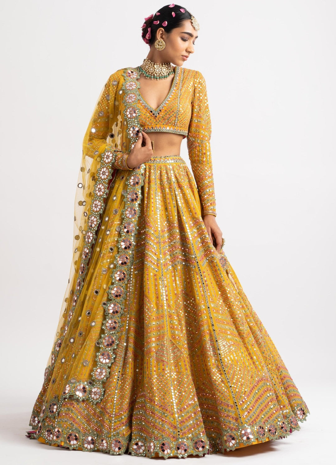 Yellow V Neck Heavy Multi Color Lehenga Set Vvani by Vani Vats - Fabilicious Fashion