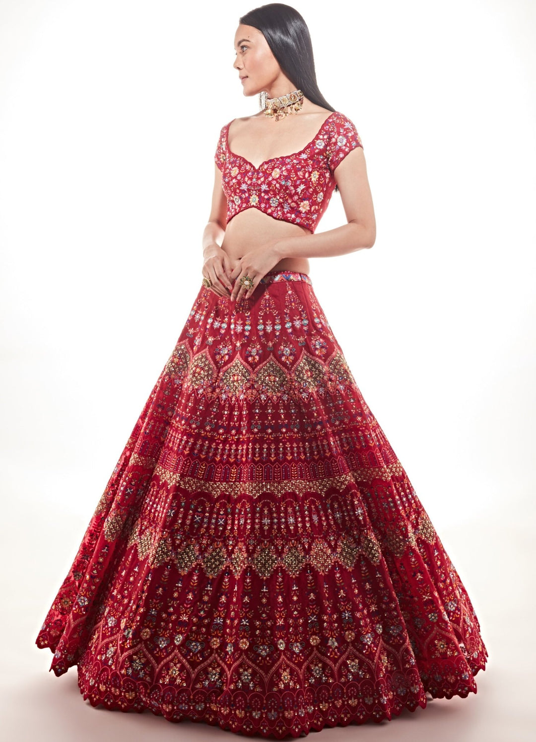 Zeba Red Resham and Sequinned Organza Lehnega Set Chamee n Palak - Fabilicious Fashion
